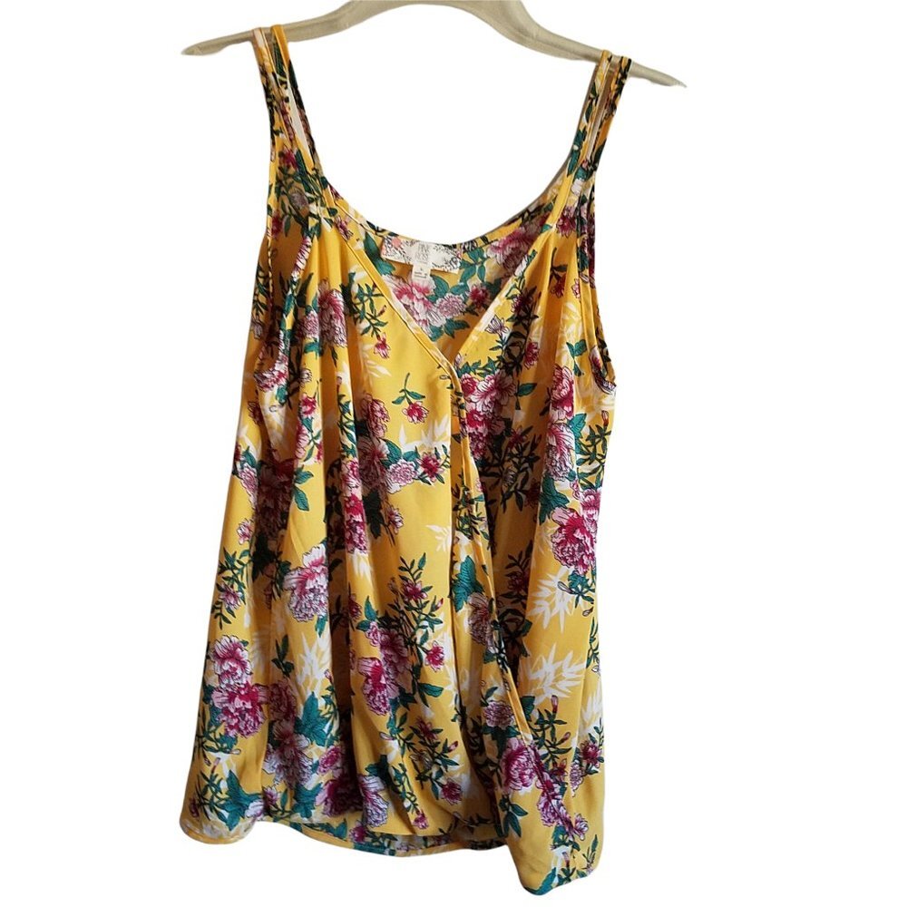 Pink Rose Yellow Floral V-neck Faux Wrap Double Spaghetti‎ Strap Blouse